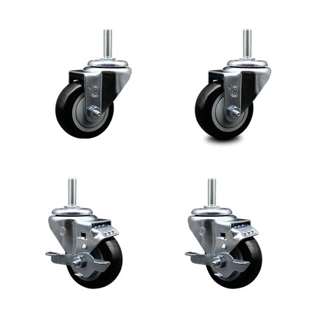 Service Caster 3 Inch Black Polyurethane Wheel Swivel 34 Inch Threaded Stem Caster Set 2 Brakes SCC SCC-TS20S314-PPUB-BLK-34212-2-TLB-2